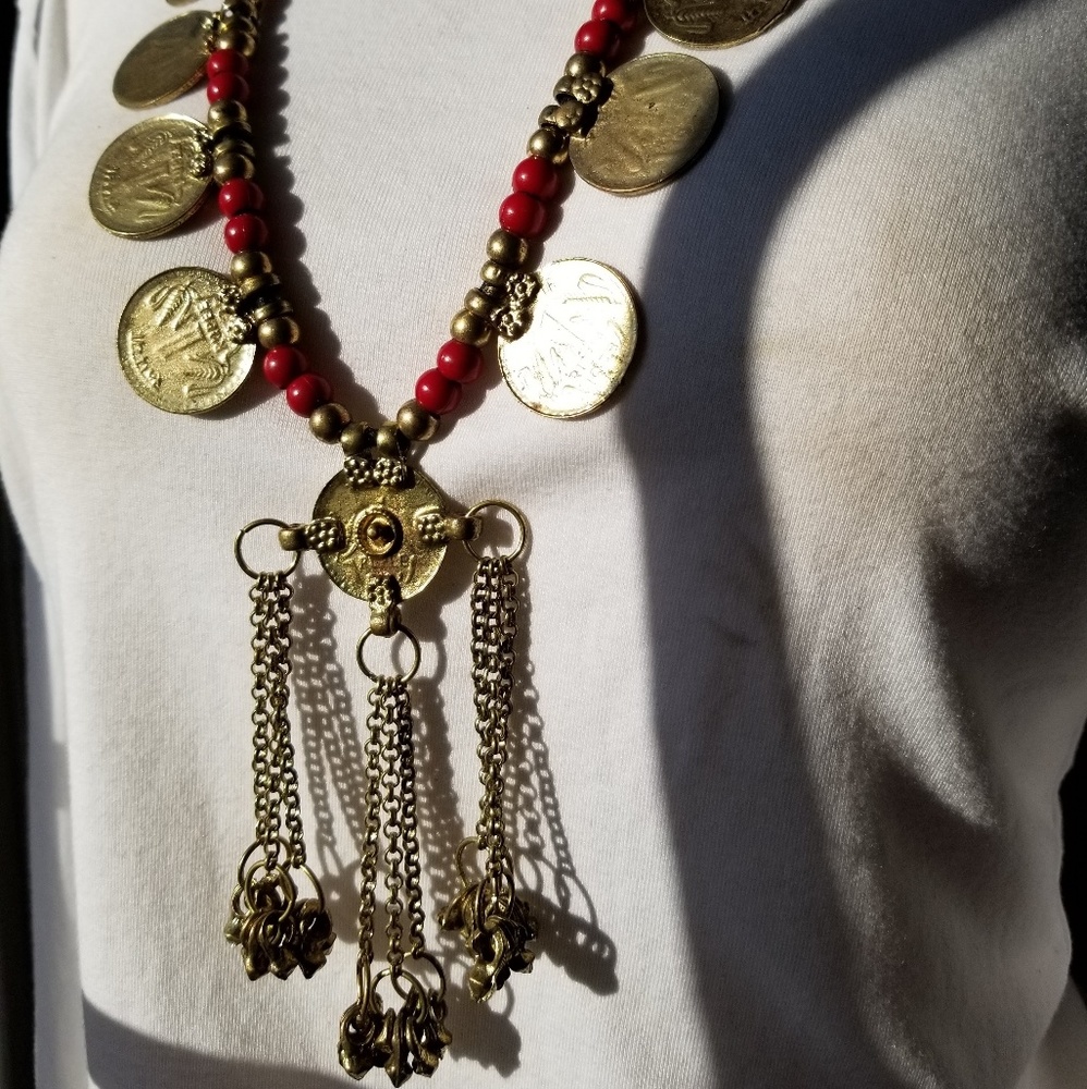 Goldtone Coin Necklace w/ Red Beads & Tassels